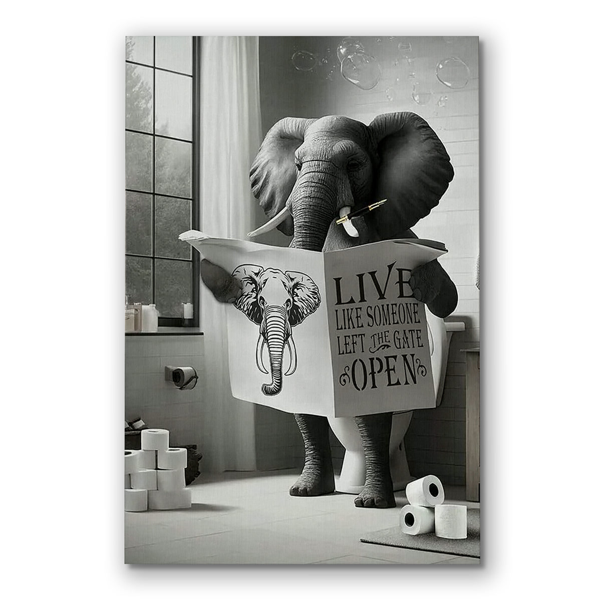 Funny Elephant Reading Newspaper On Toilet Canvas – Bathroom Decor