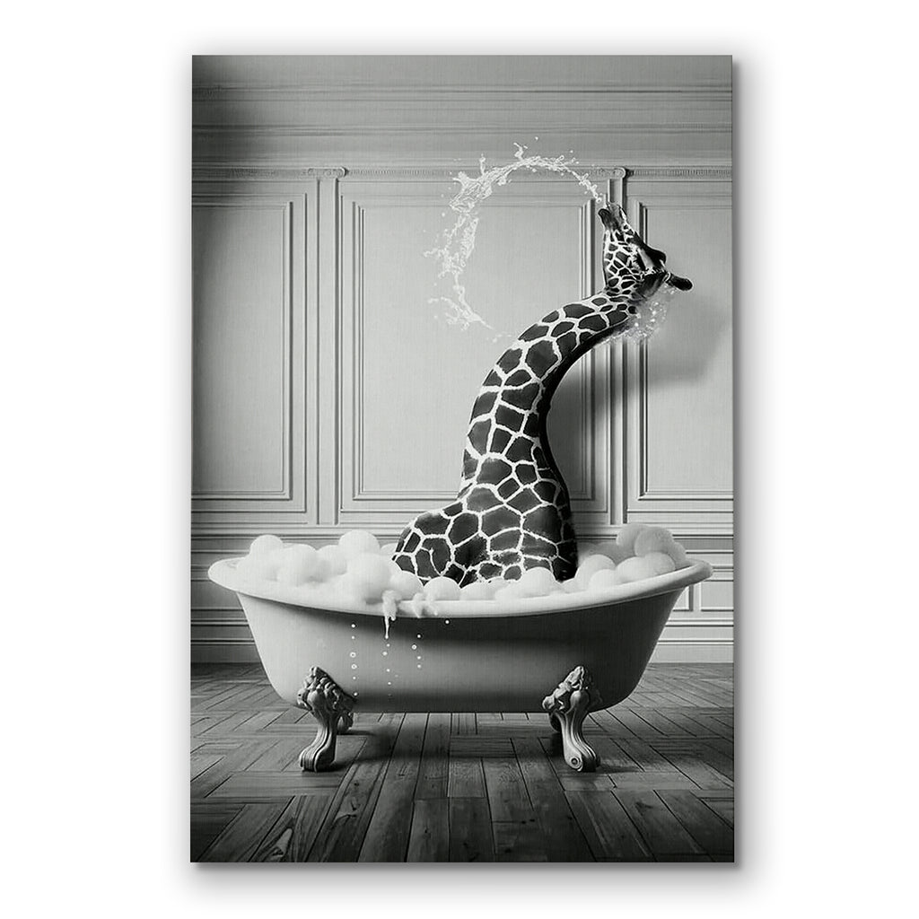 Funny Giraffe In The Bathtub Canvas – Black And White Bathroom Decor