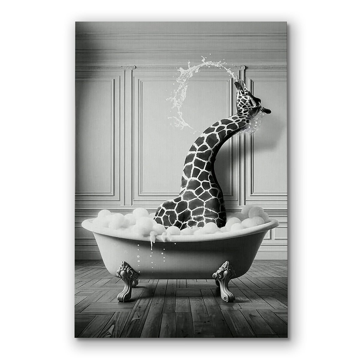 Funny Giraffe In The Bathtub Canvas – Black And White Bathroom Decor