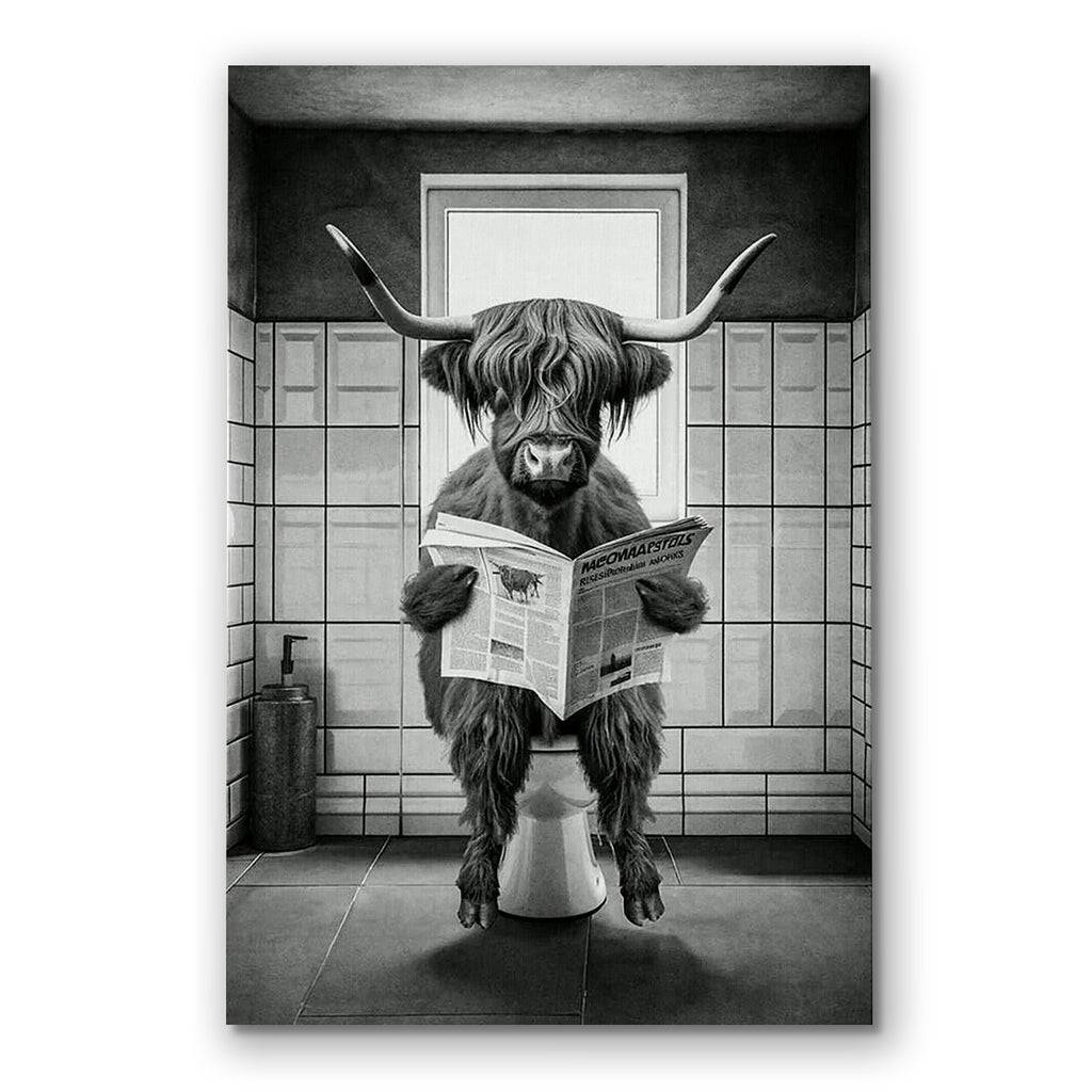Funny Highland Cow In The Bathroom Canvas – Bathroom Wall Art