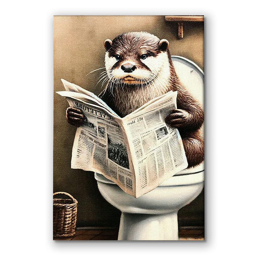 Funny Otter Reading Newspaper Canvas – Bathroom Wall Art
