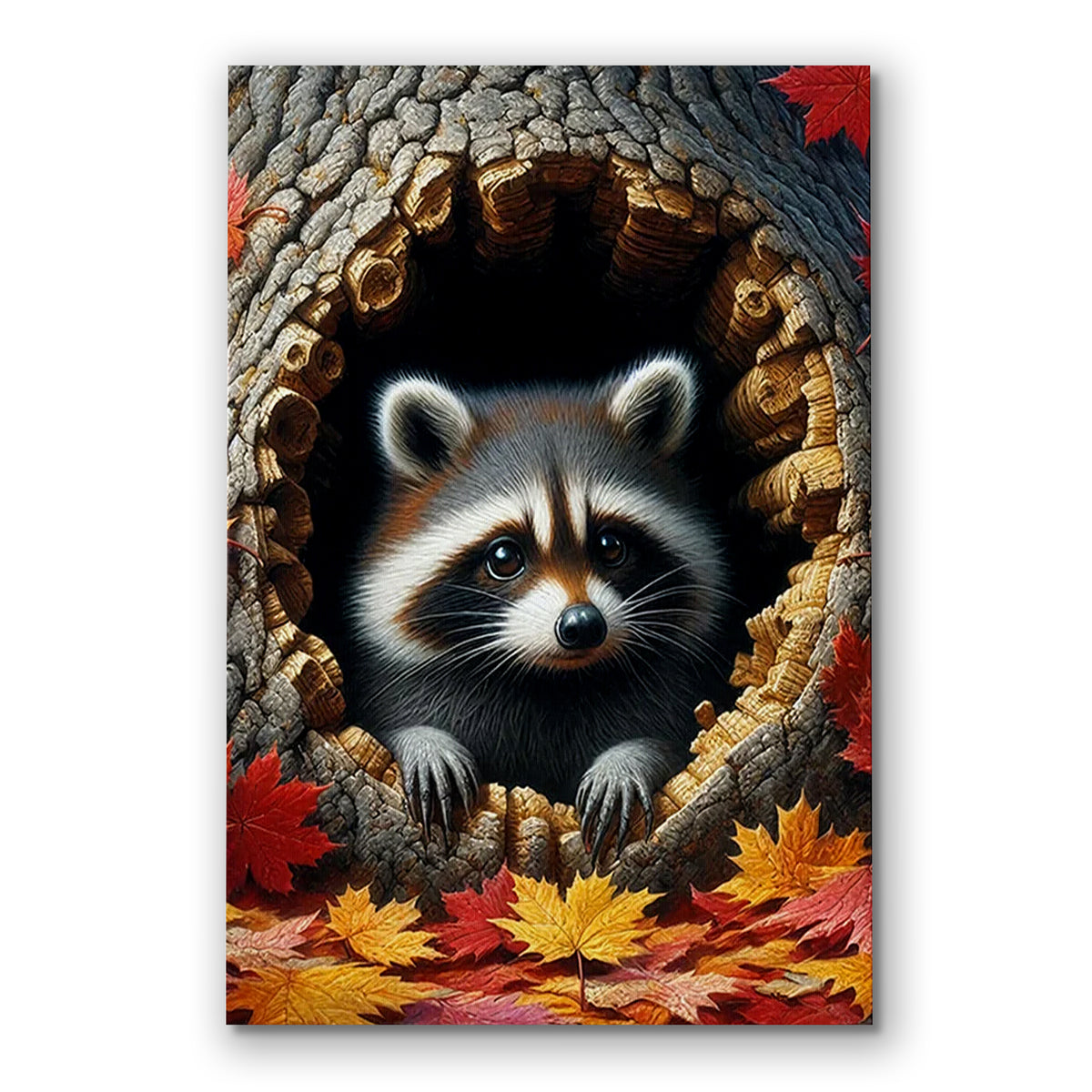 Funny Raccoon In A Tree Hollow Canvas – Autumn Animal Wall Art
