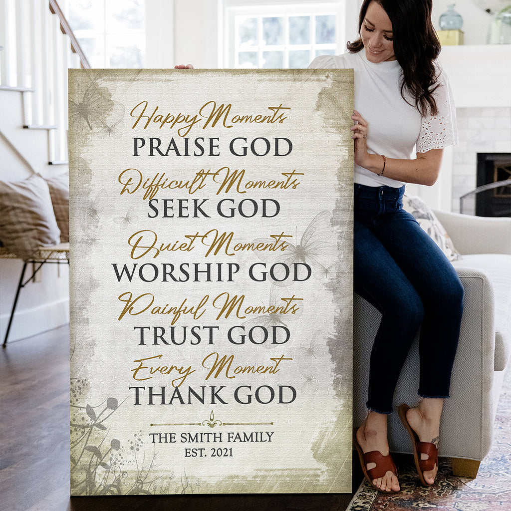 Personalized Family Name Every Moment, Thank God Canvas Wall Art – Christian Wall Decor