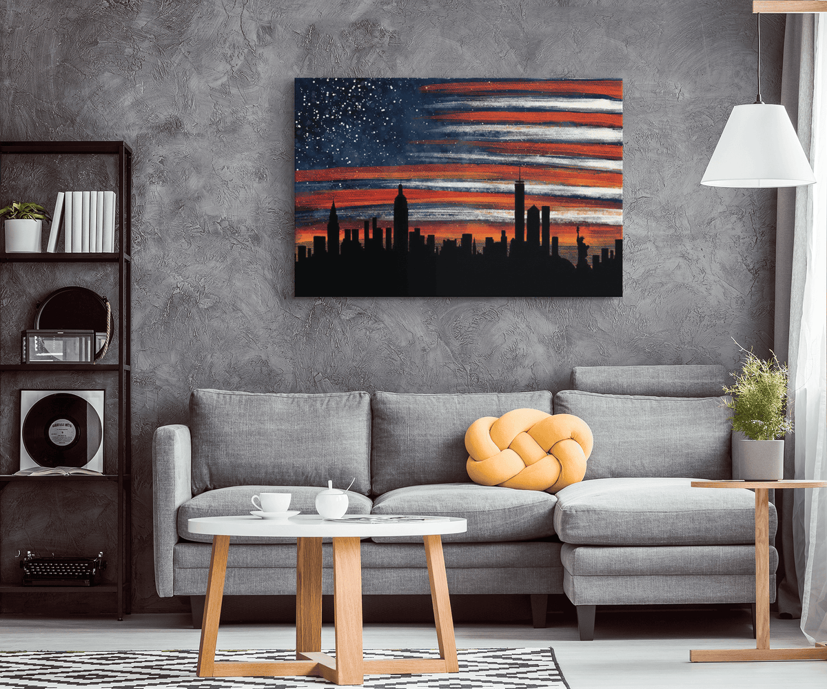 Stars And Stripes New York Evening Skyline Canvas Wall Art – Cityscape Wall Decor