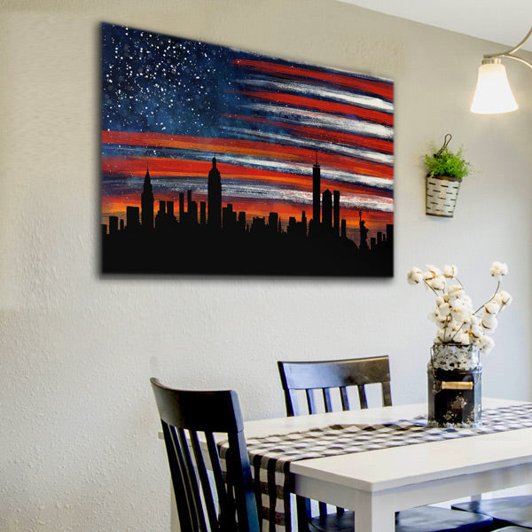 Stars And Stripes New York Evening Skyline Canvas Wall Art – Cityscape Wall Decor