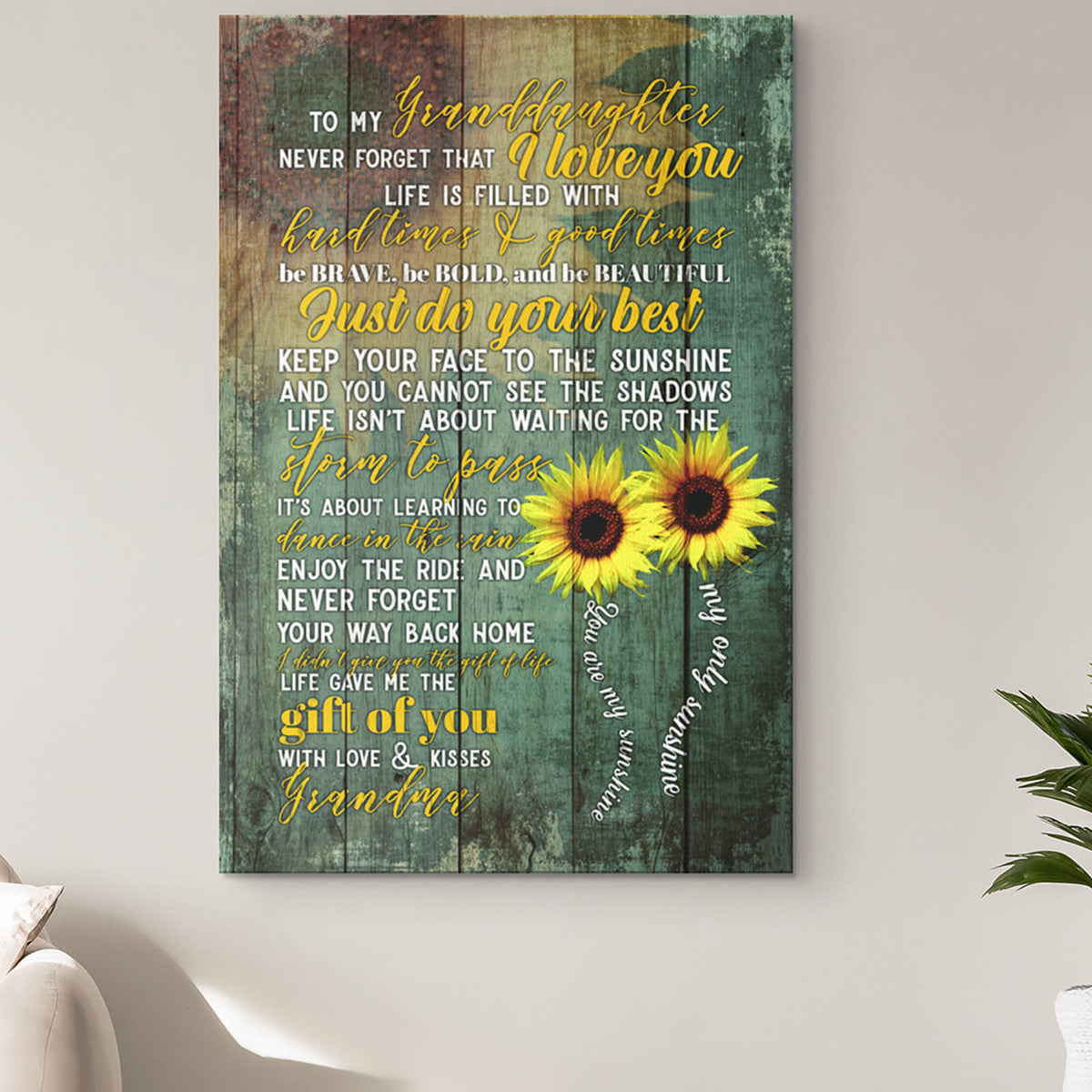 Personalized To My Granddaughter - I Love You Green Wood Sunflower Canvas Wall Art – Gift for Granddaughter