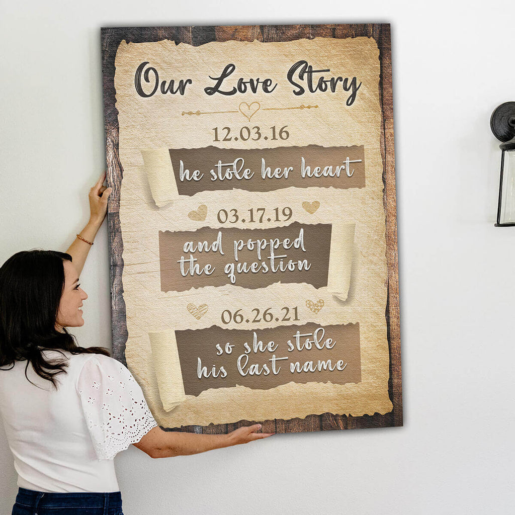 Personalized Our Love Story - Stole Her Heart Canvas Wall Art – Couple Gift