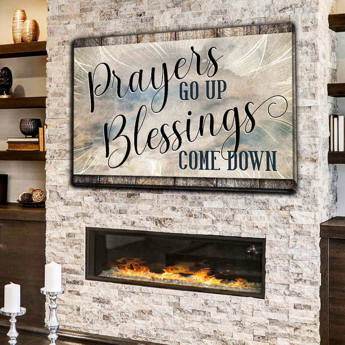 Prayers Go Up, Blessings Come Down Dark Distressed Canvas Wall Art – Christian Wall Decor