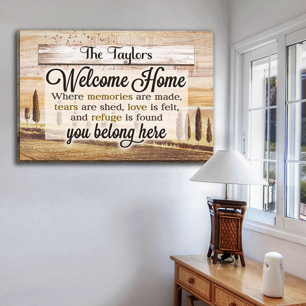 Personalized Welcome Home - You Belong Here Rustic Wood Canvas Wall Art – Family Home Decor