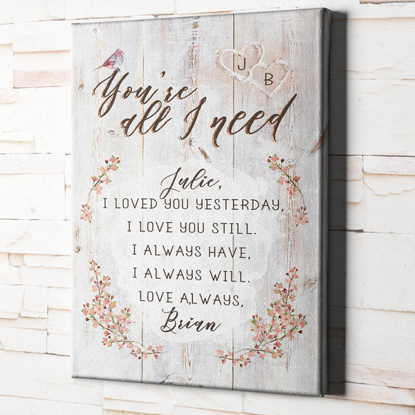 Personalized You're All I Need Canvas Wall Art – Couple Gift
