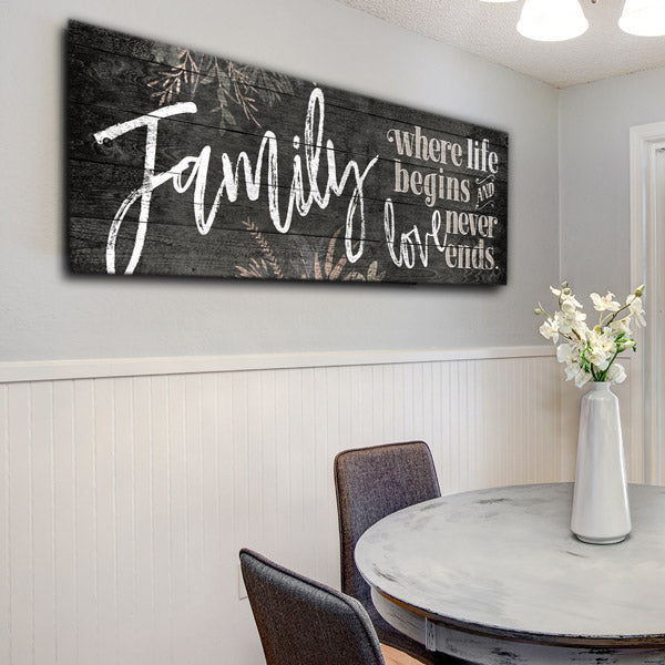 Family - Where Life Begins, Love Never Ends Panoramic Canvas Wall Art – Family Home Decor