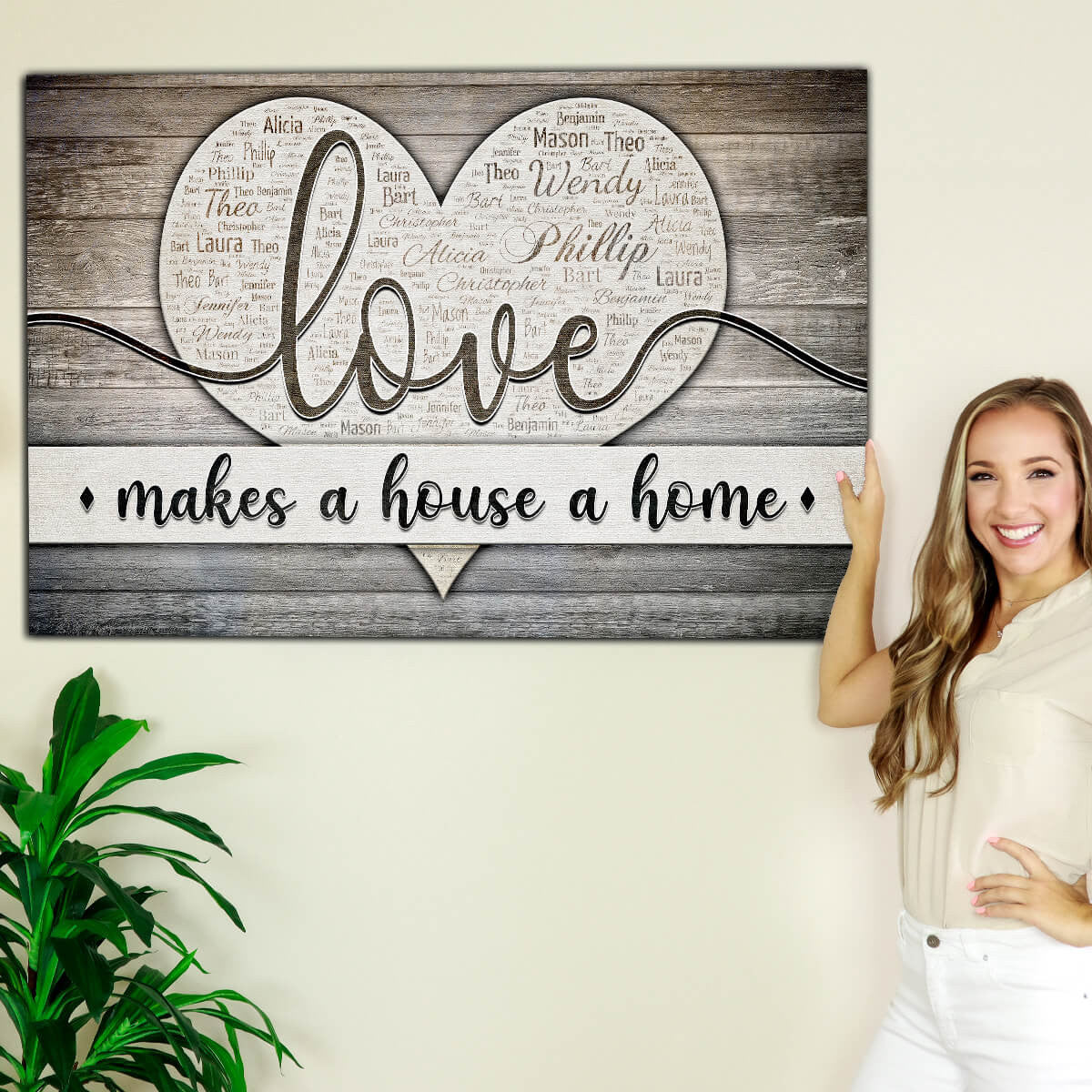 Personalized Love Makes A House A Home Names On Heart Canvas Wall Art – Family Home Decor