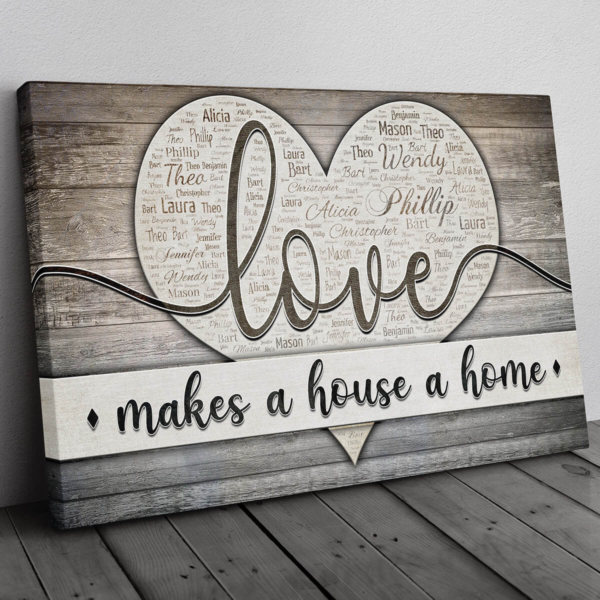 Personalized Love Makes A House A Home Names On Heart Canvas Wall Art – Family Home Decor