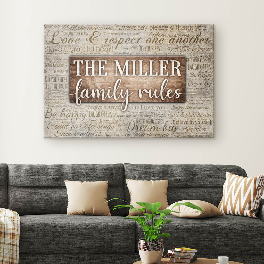 Personalized Family Rules Phrases On Background Canvas Wall Art – Family Home Decor