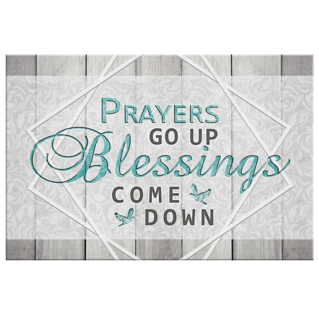 Prayers Go Up, Blessings Come Down Teal Script Canvas Wall Art – Christian Wall Decor