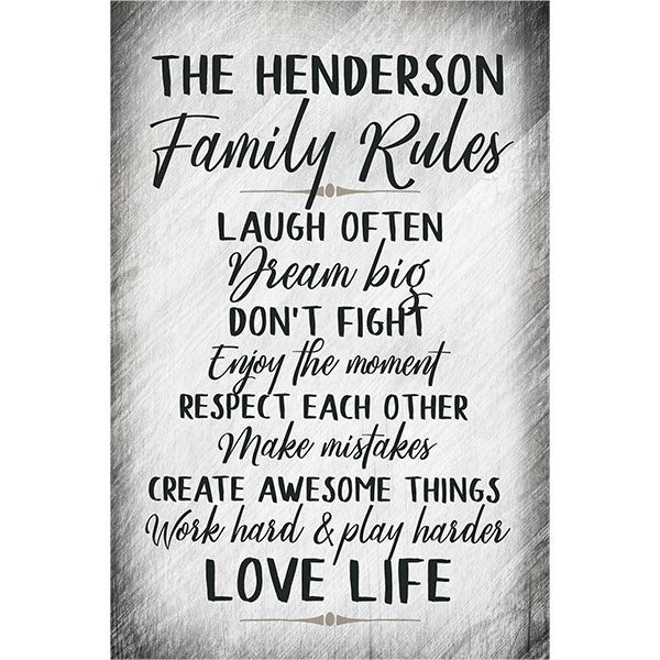 Personalized Family Rules Distressed Gray Canvas Wall Art – Family Home Decor