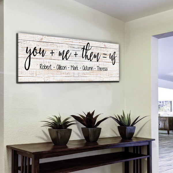 Personalized You + Me + Them = Us Panoramic Canvas Wall Art – Family Home Decor
