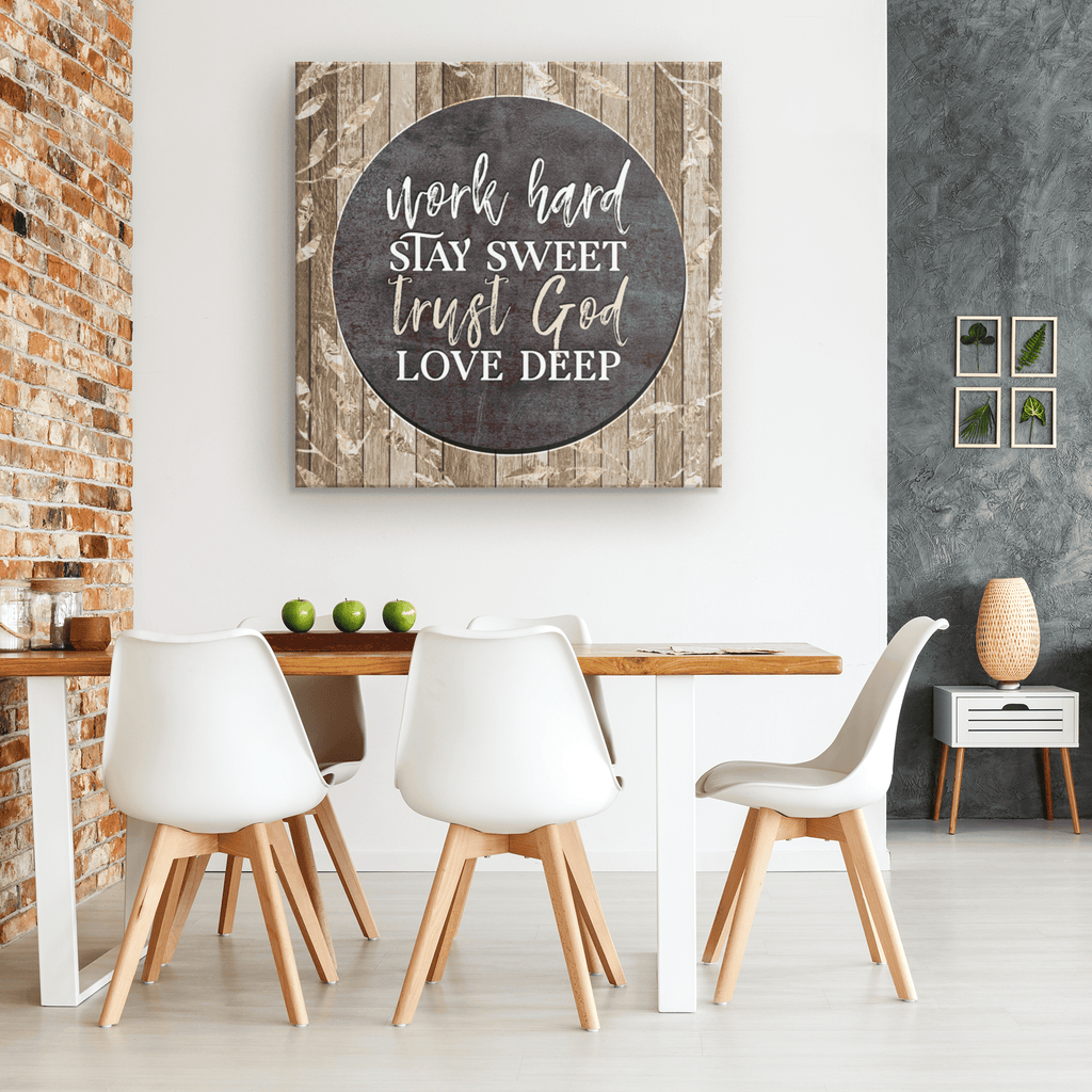 Work Hard, Trust God, Love Deep Dark Wood Circle Canvas Wall Art – Christian Wall Decor