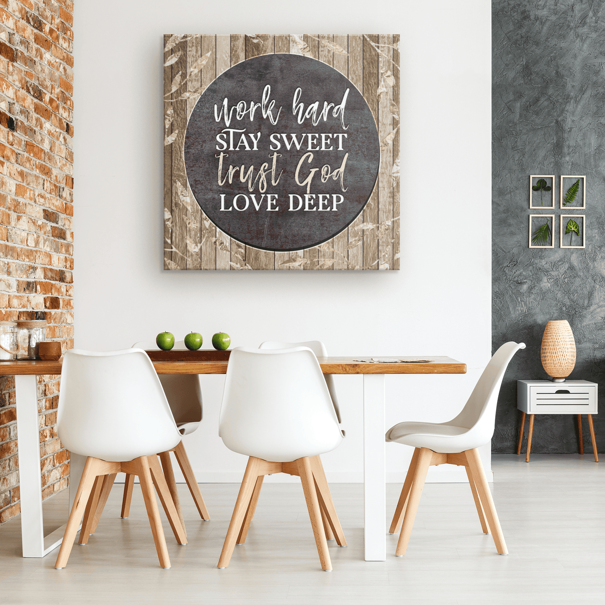 Work Hard, Trust God, Love Deep Dark Wood Circle Canvas Wall Art – Christian Wall Decor
