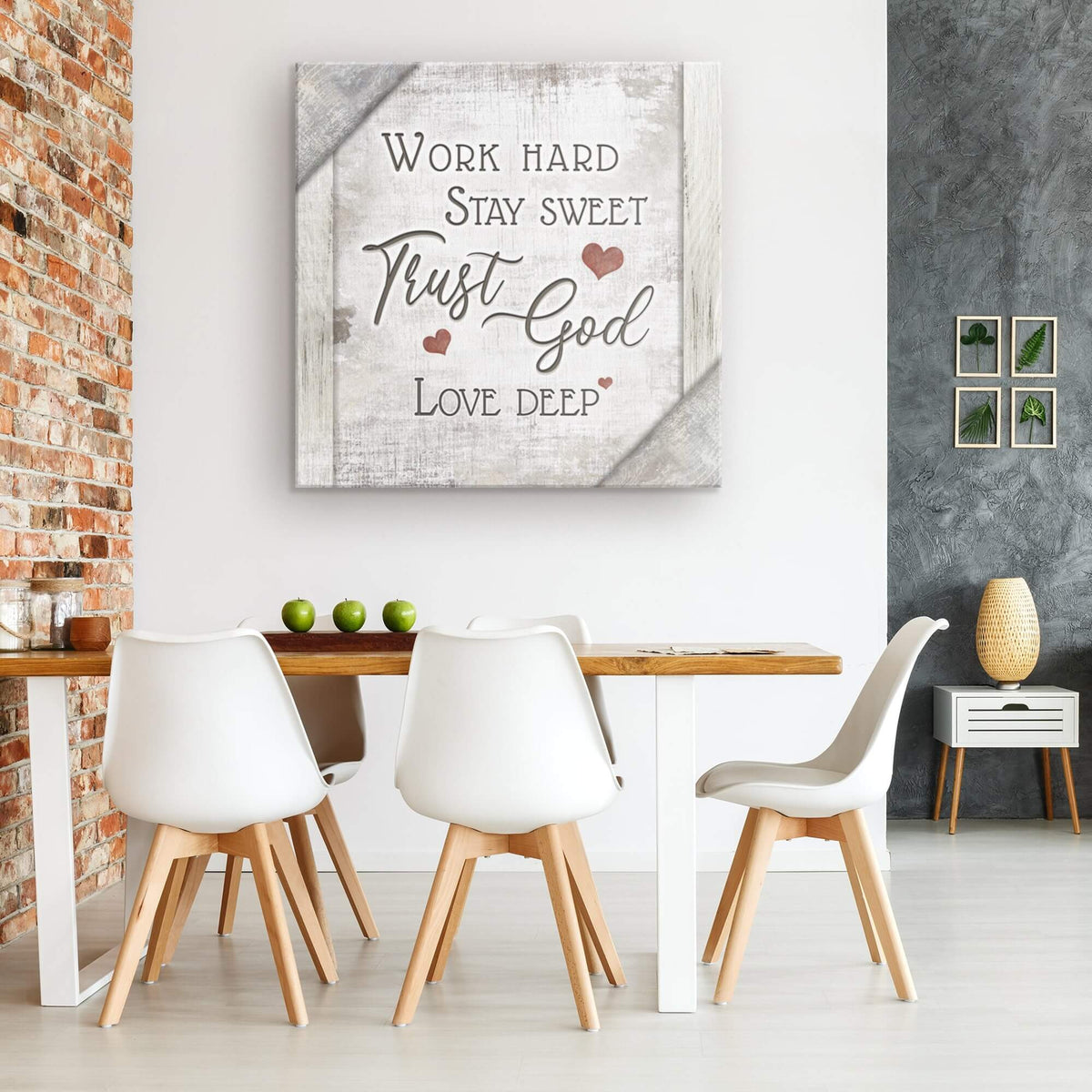 Work Hard, Trust God, Love Deep White Distressed Canvas Wall Art – Christian Wall Decor