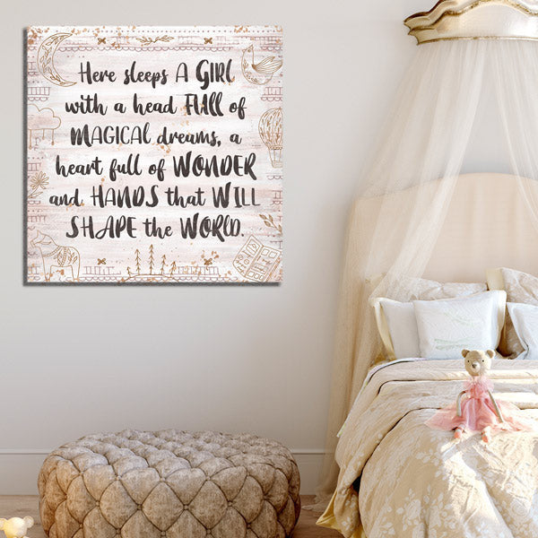 Here Sleeps A Girl With Magical Dreams Canvas Wall Art – Kids Room Decor