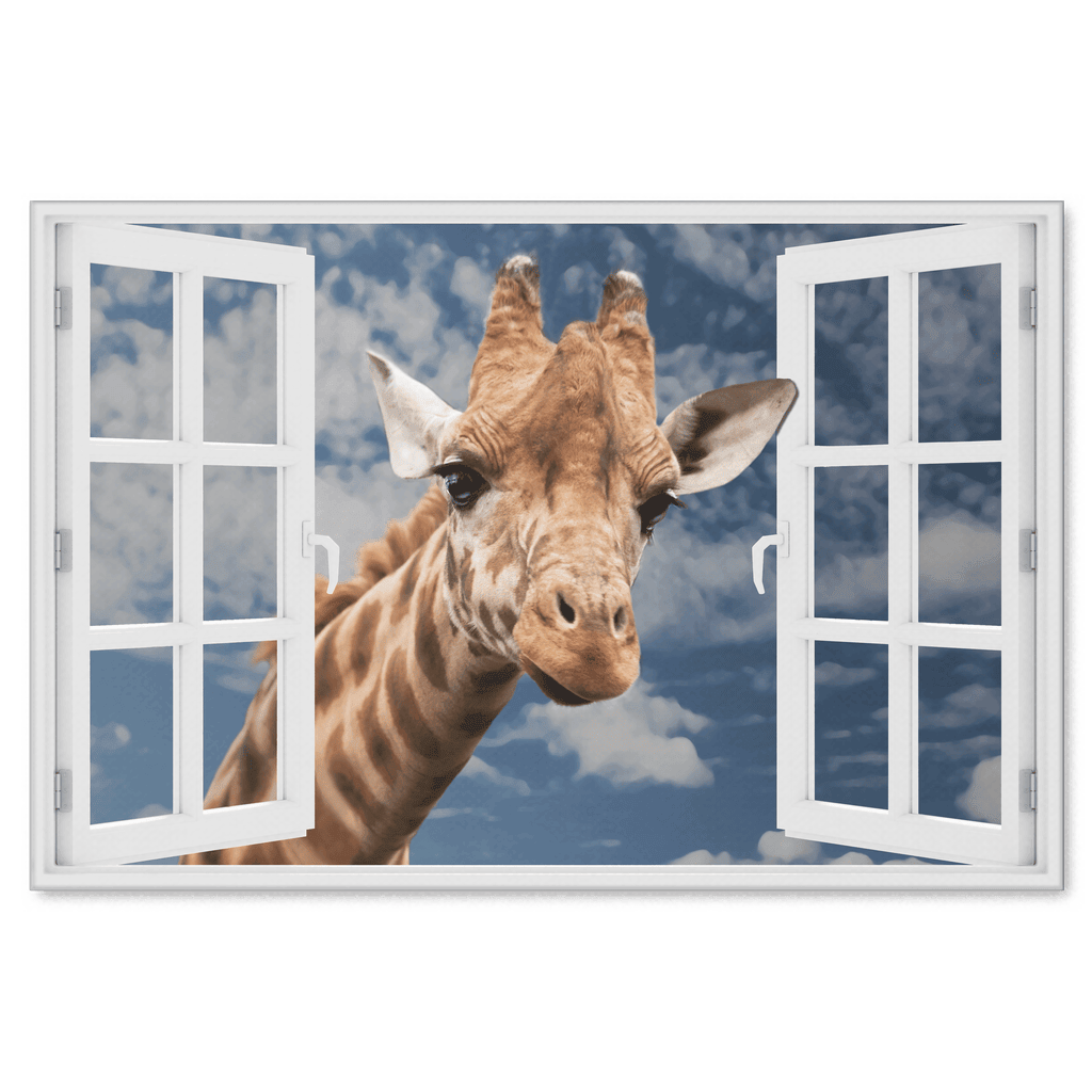 Curious Giraffe At Window Canvas Wall Art – Funny Animal Wall Art