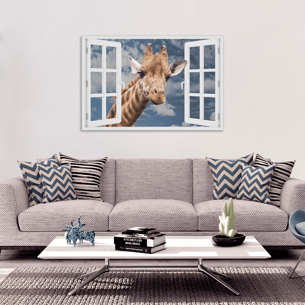 Curious Giraffe At Window Canvas Wall Art – Funny Animal Wall Art