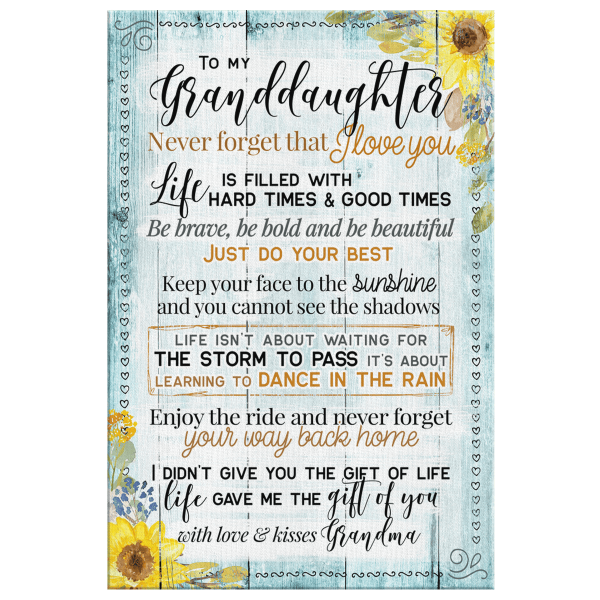 Personalized To My Granddaughter - I Love You Blue Wood Sunflower Canvas Wall Art – Gift for Granddaughter