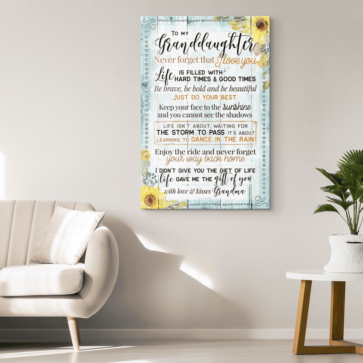 Personalized To My Granddaughter - I Love You Blue Wood Sunflower Canvas Wall Art – Gift for Granddaughter