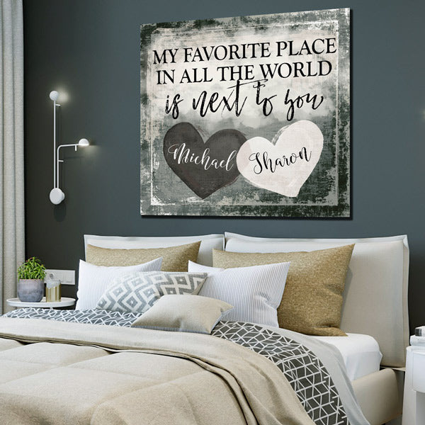 Personalized My Favorite Place Is Next To You Two Hearts Canvas Wall Art – Couple Gift