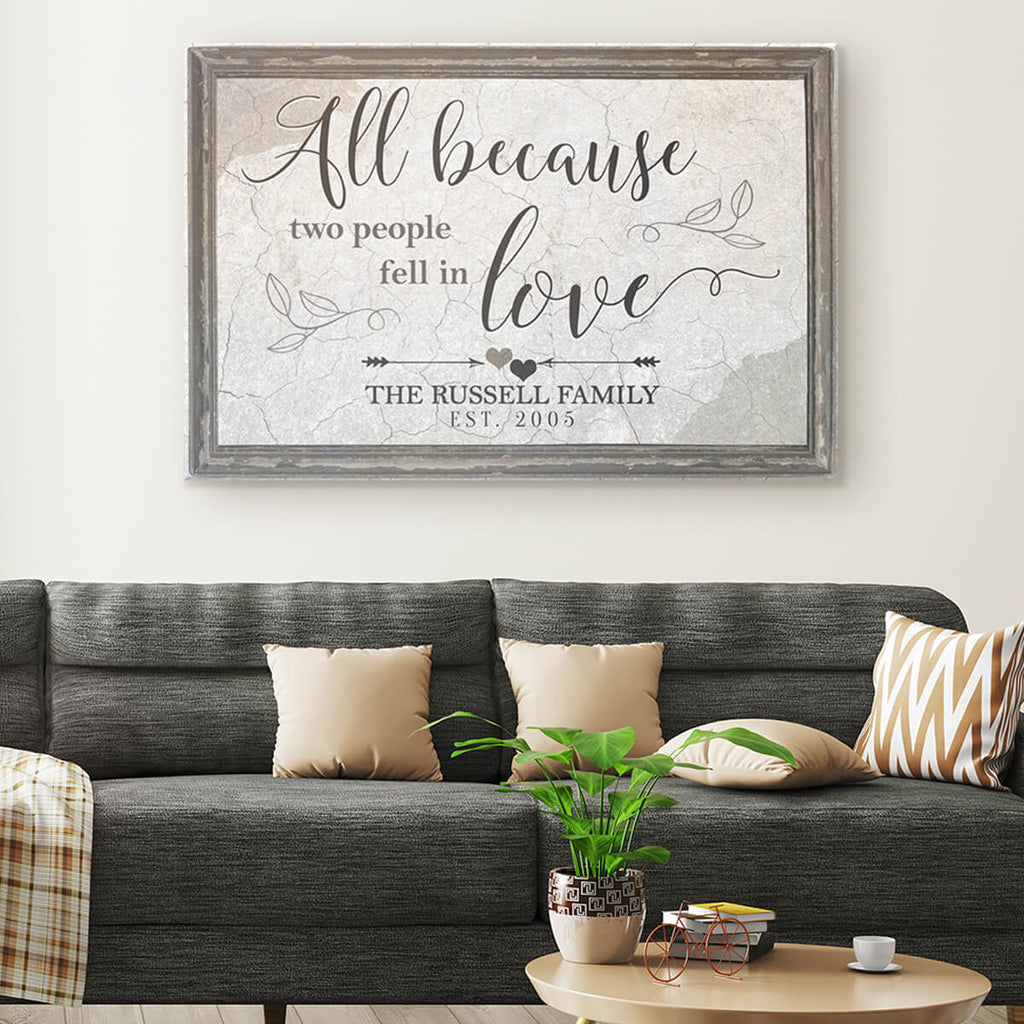 Personalized All Because Two People Fell In Love Farmhouse Script Canvas Wall Art – Family Home Decor