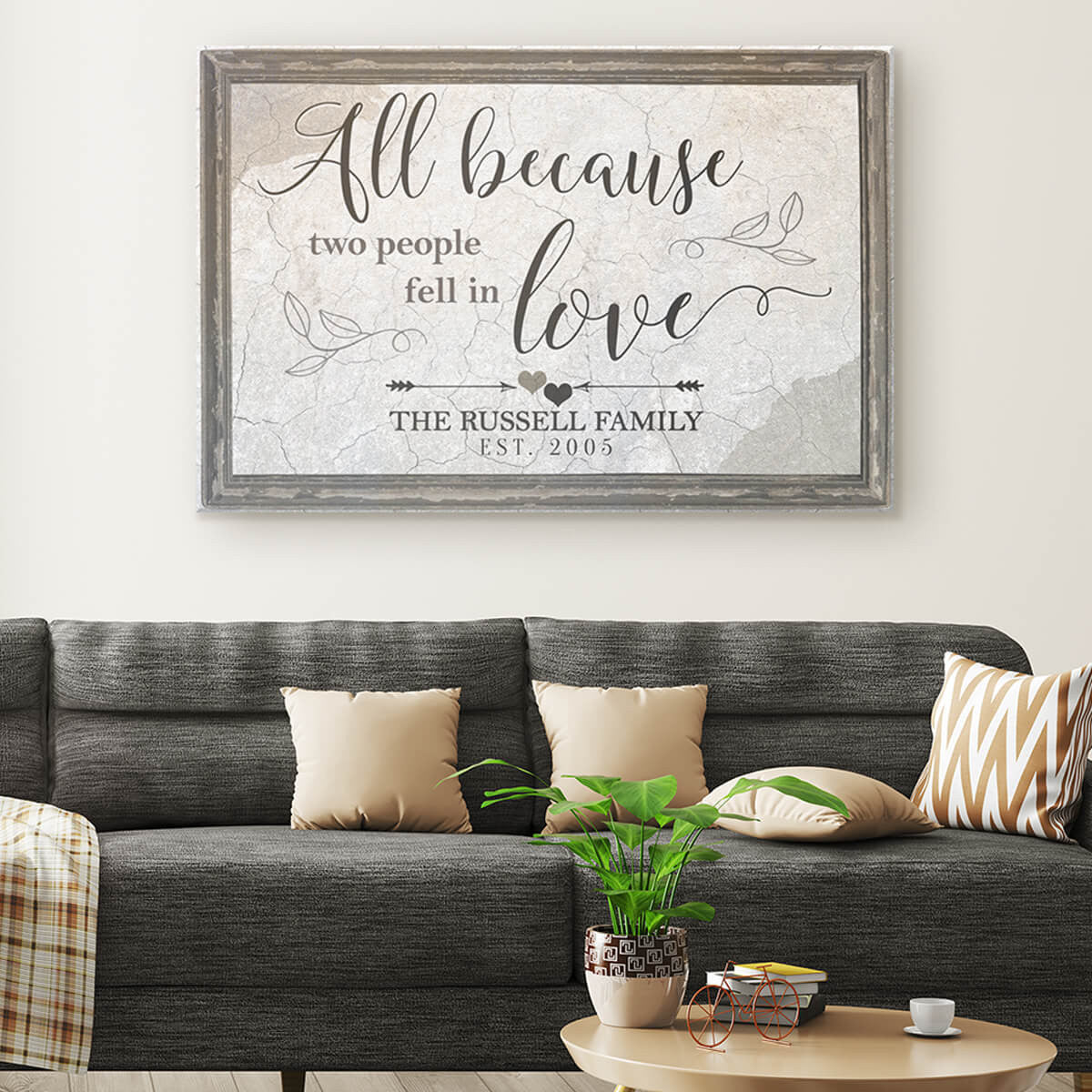 Personalized All Because Two People Fell In Love Farmhouse Script Canvas Wall Art – Family Home Decor
