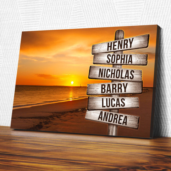 Personalized Sunset Beach - Names On Sign Rustic Canvas Wall Art – Beach House Decor