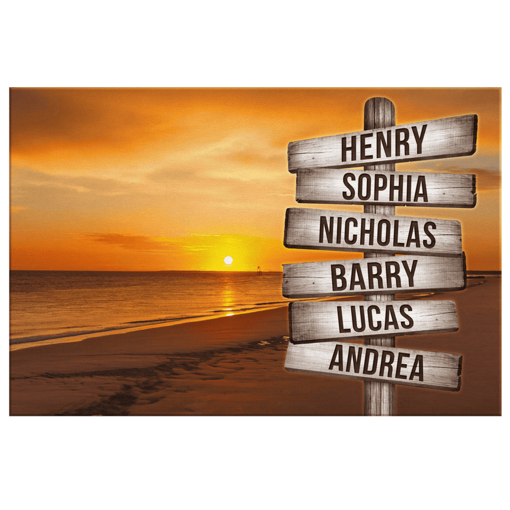 Personalized Sunset Beach - Names On Sign Rustic Canvas Wall Art – Beach House Decor