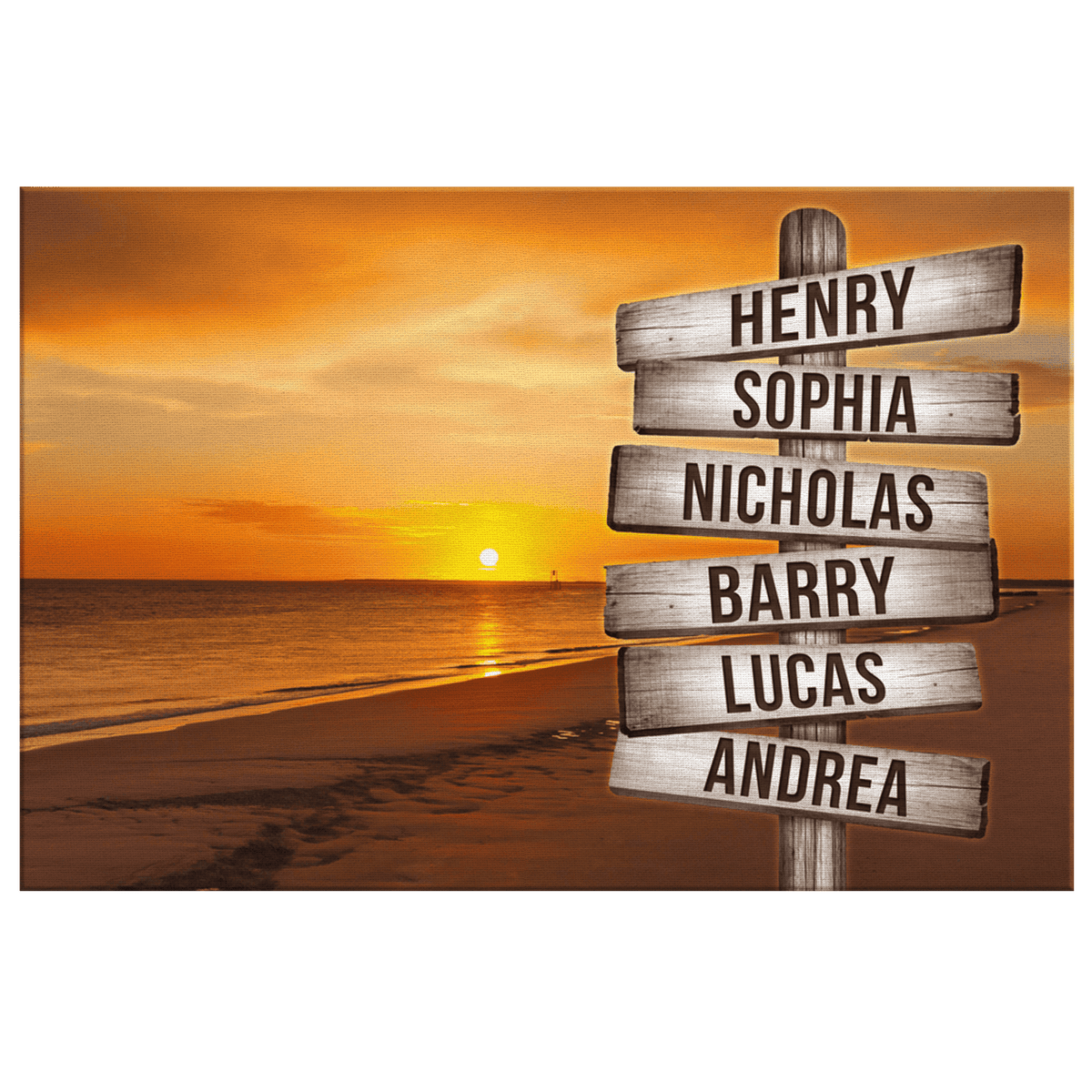 Personalized Sunset Beach - Names On Sign Rustic Canvas Wall Art – Beach House Decor