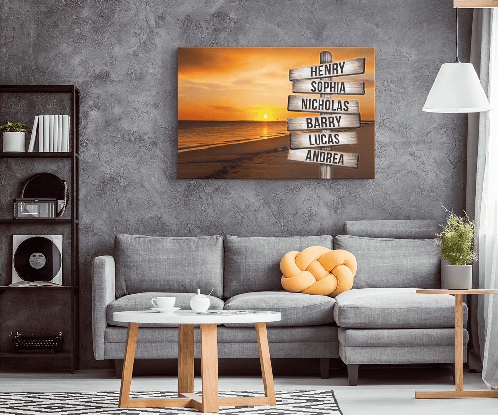 Personalized Sunset Beach - Names On Sign Rustic Canvas Wall Art – Beach House Decor