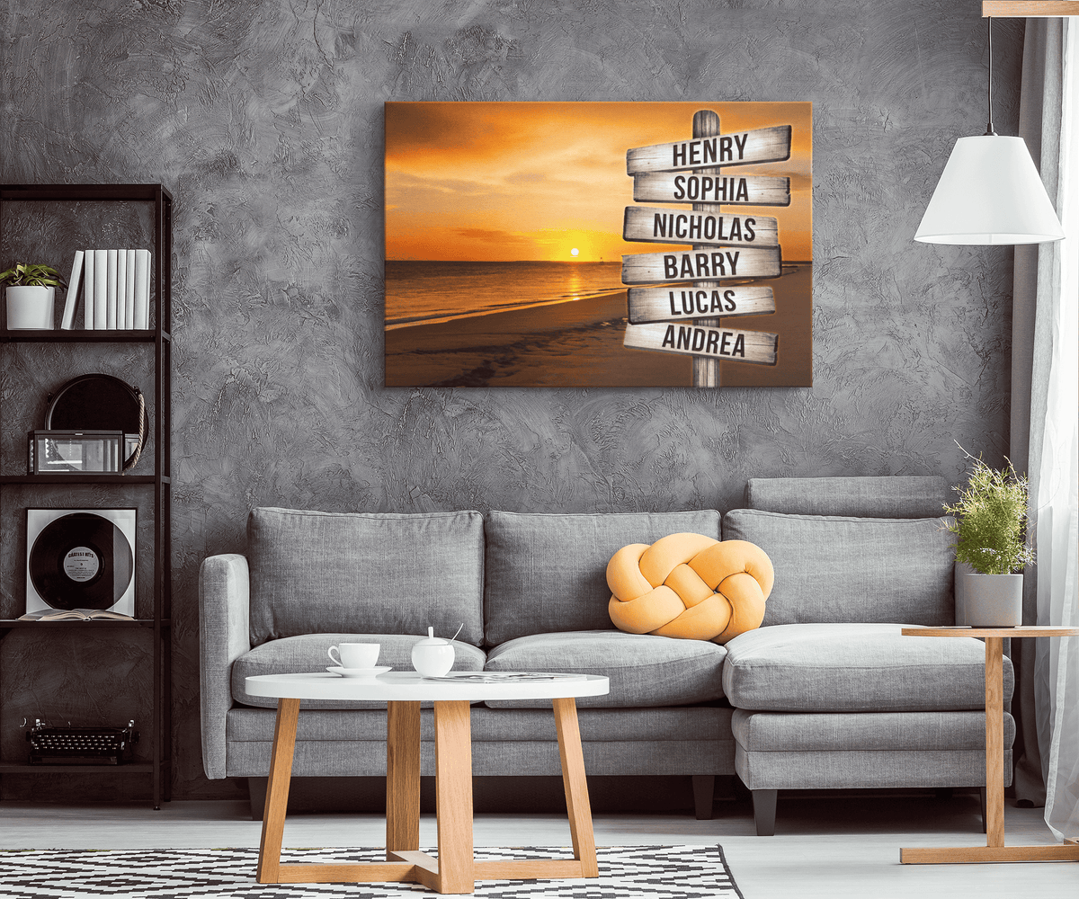Personalized Sunset Beach - Names On Sign Rustic Canvas Wall Art – Beach House Decor