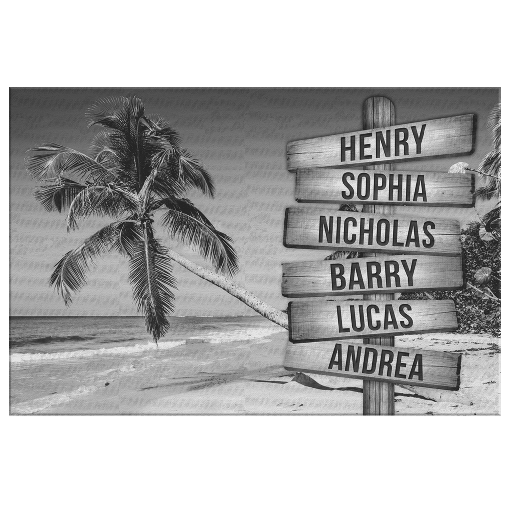 Personalized Palm Beach - Names On Sign Rustic Canvas Wall Art – Beach House Decor