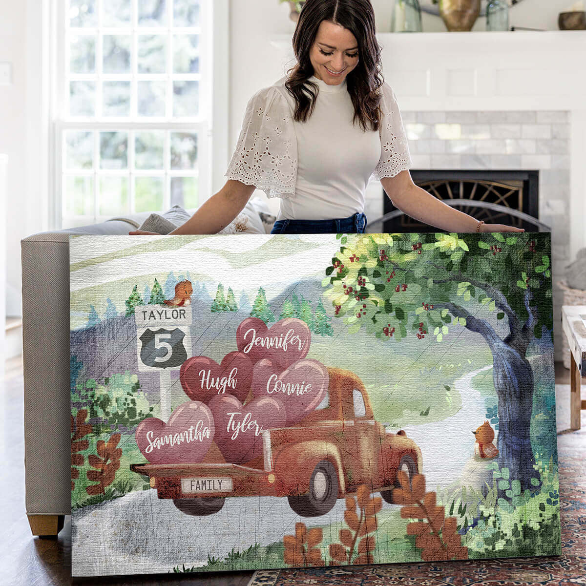 Personalized Pickup Truck & Names On Hearts Canvas Wall Art – Family Home Decor