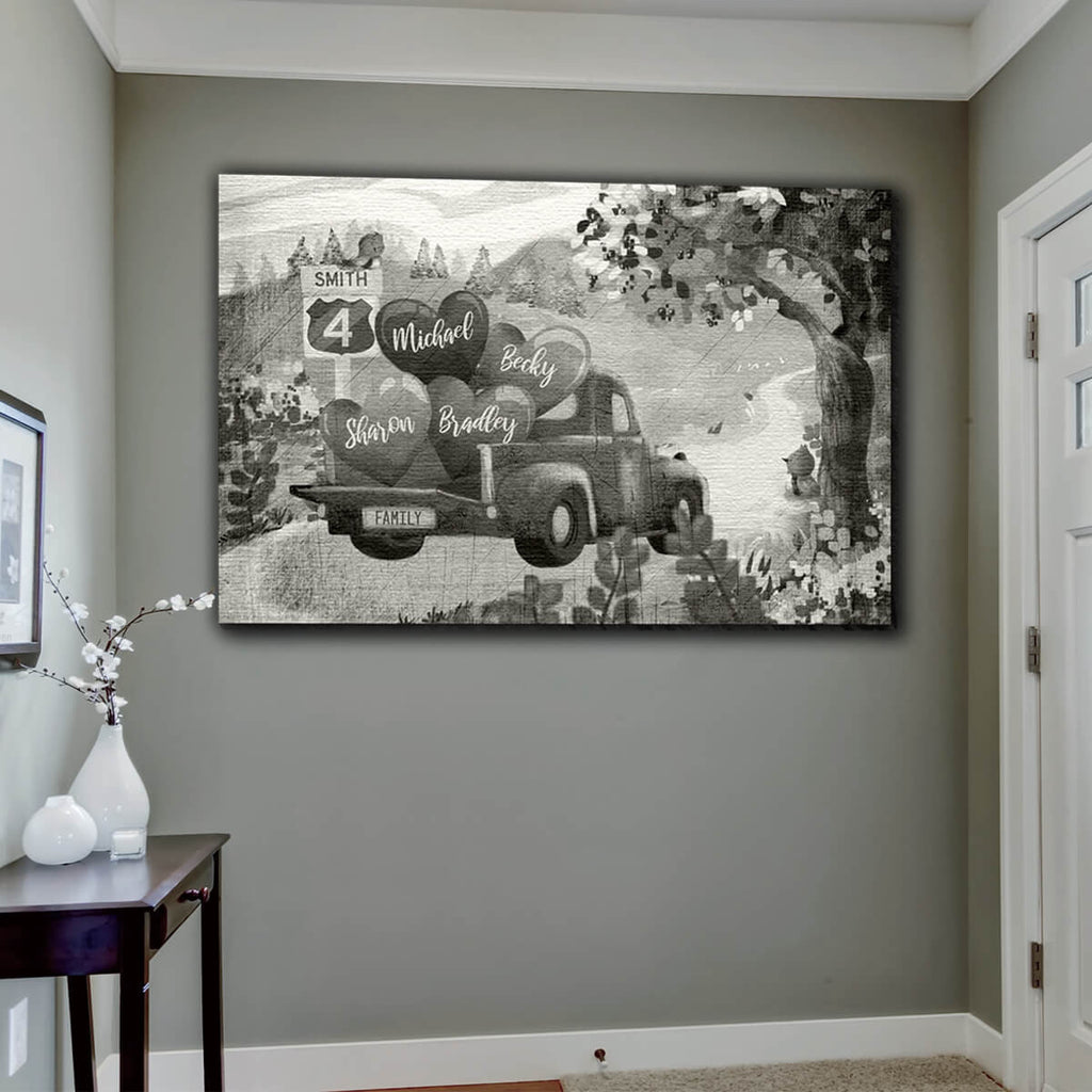 Personalized Pickup Truck & Names On Hearts Canvas Wall Art – Family Home Decor