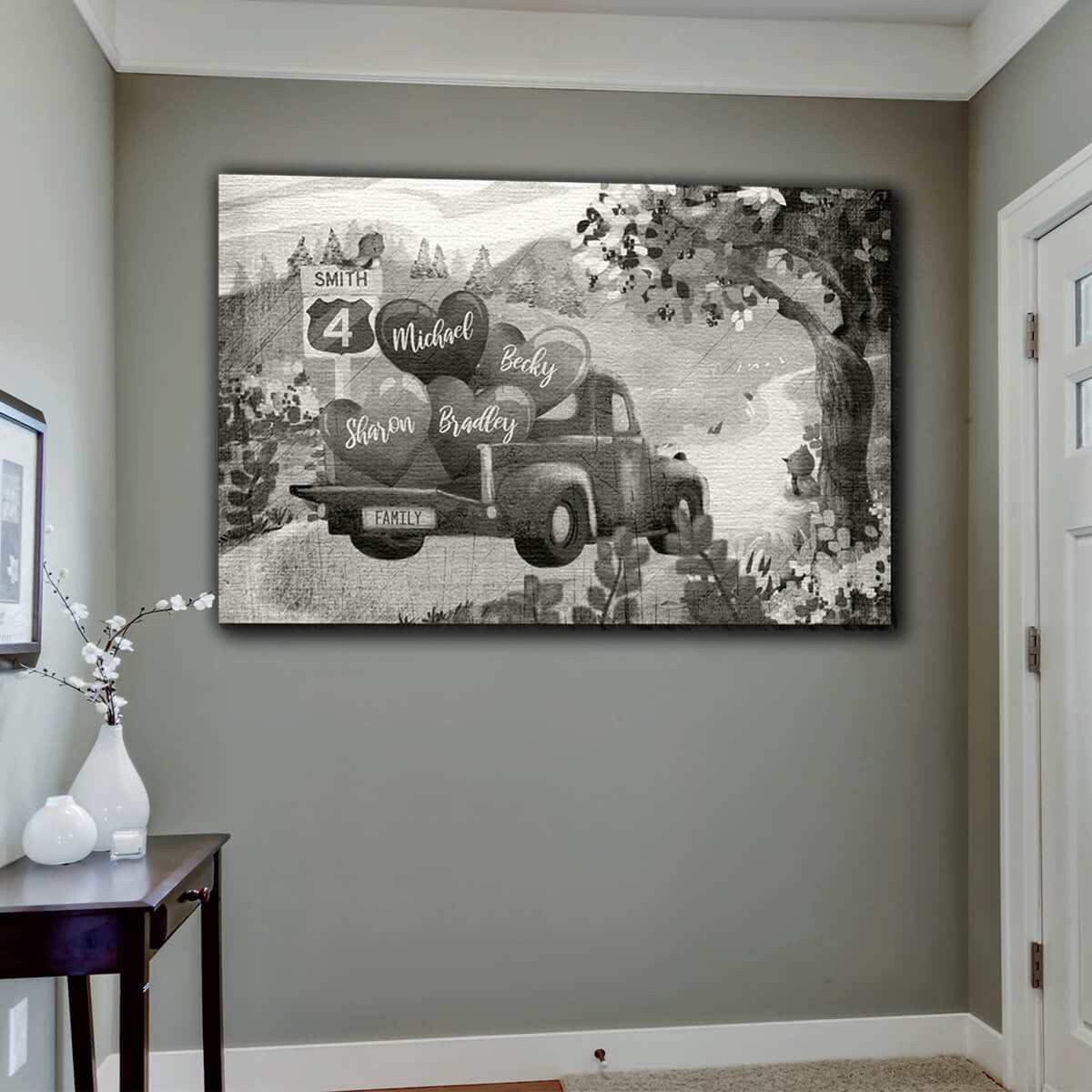 Personalized Pickup Truck & Names On Hearts Canvas Wall Art – Family Home Decor