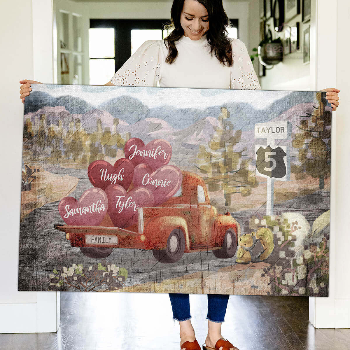 Personalized Pickup Truck & Names On Hearts Canvas Wall Art – Family Home Decor