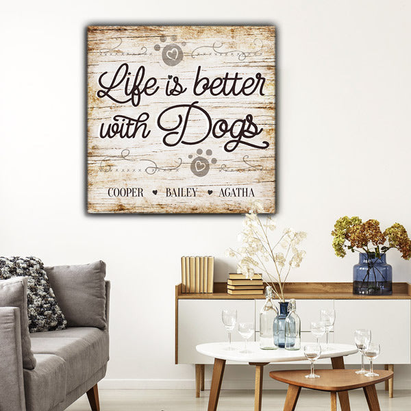 Personalized Life Is Better With Dogs White Wood Paw Print Canvas Wall Art – Pet Lover Gift