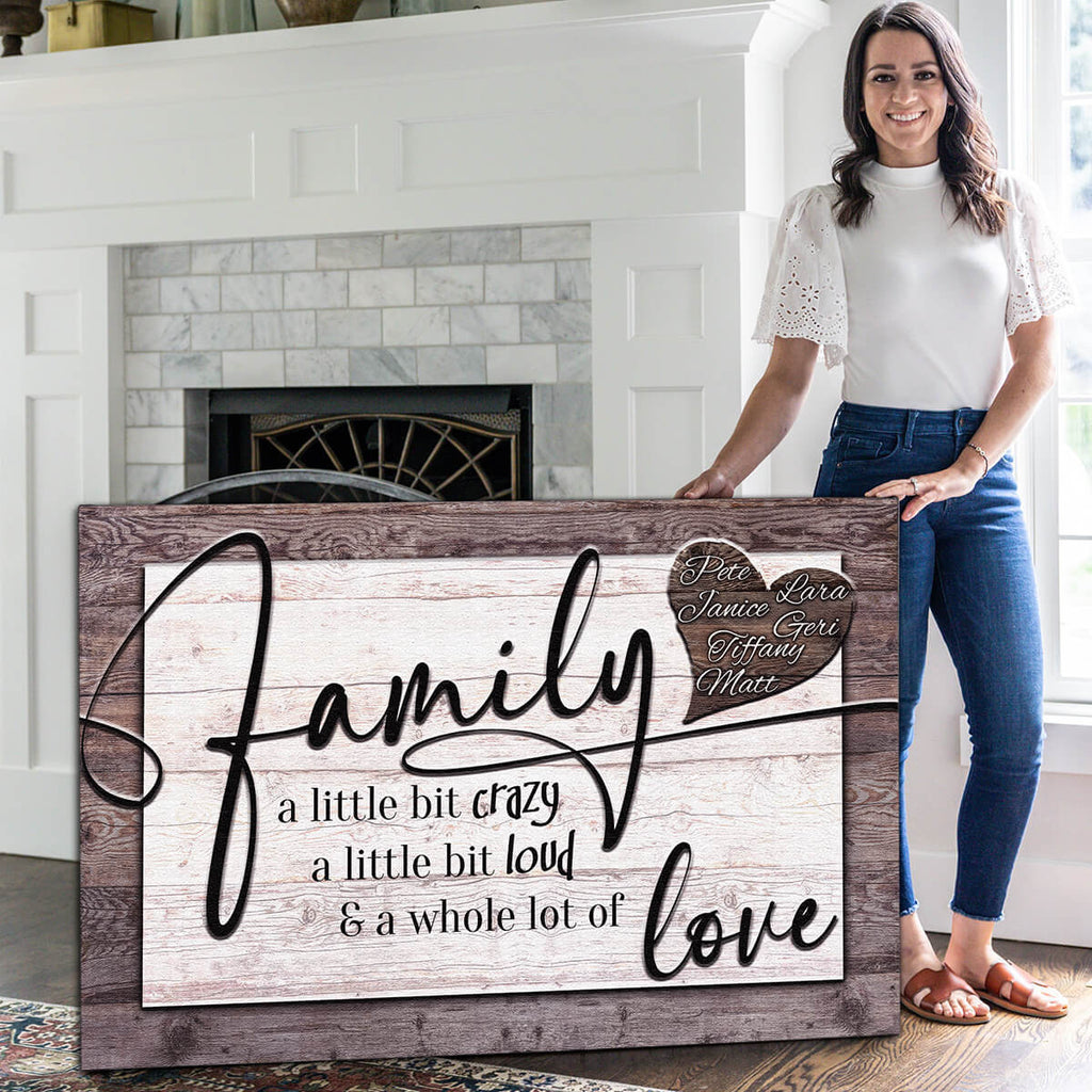 Personalized Family Crazy, Loud, Love Heart Design Canvas Wall Art – Family Home Decor