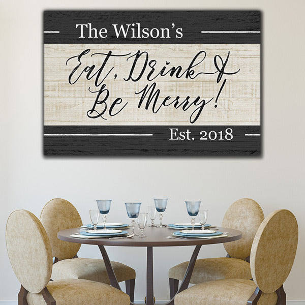 Personalized Eat, Drink & Be Merry Canvas Wall Art – Christmas Decor