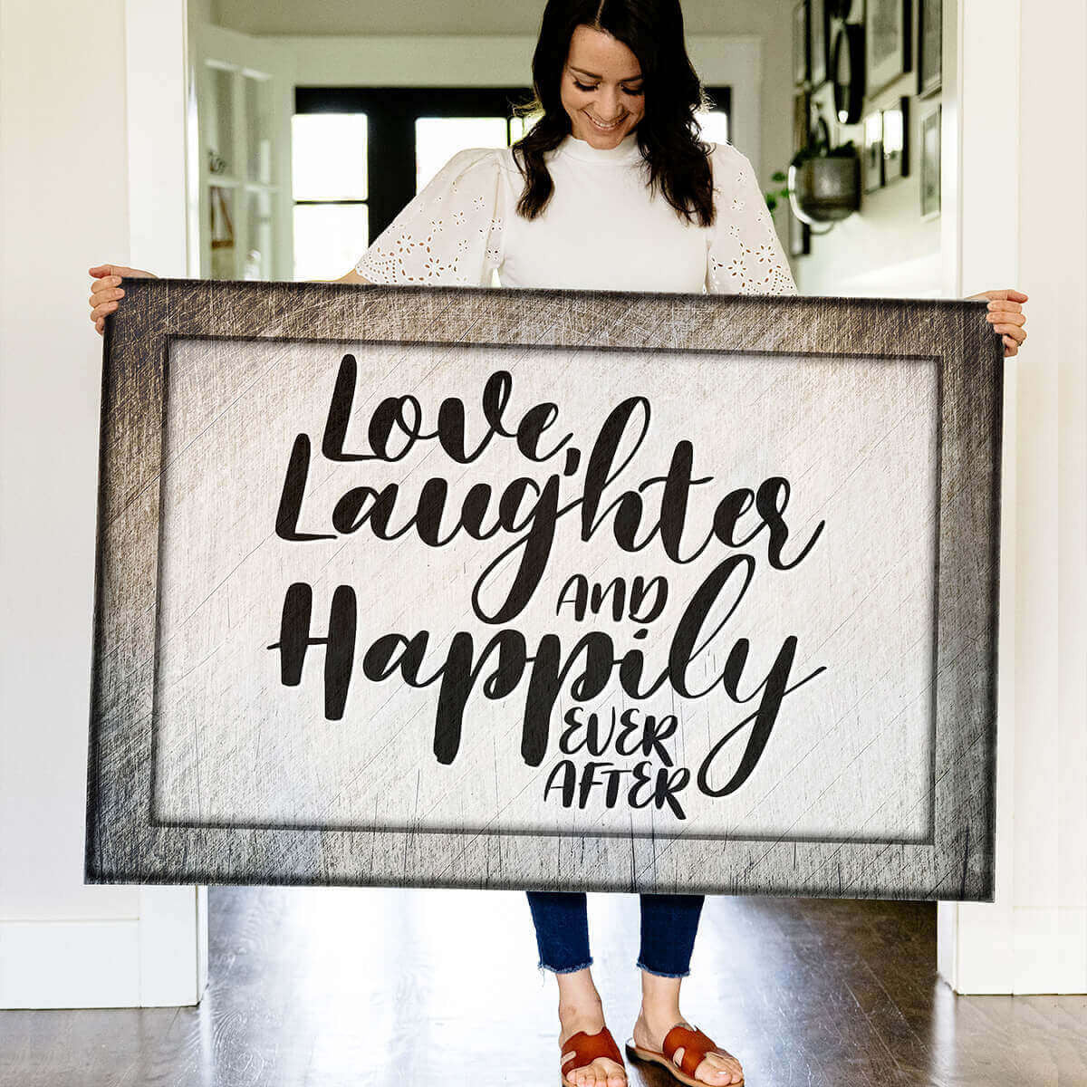 Love, Laughter & Happily Ever After Rustic Canvas Wall Art – Couple Gift