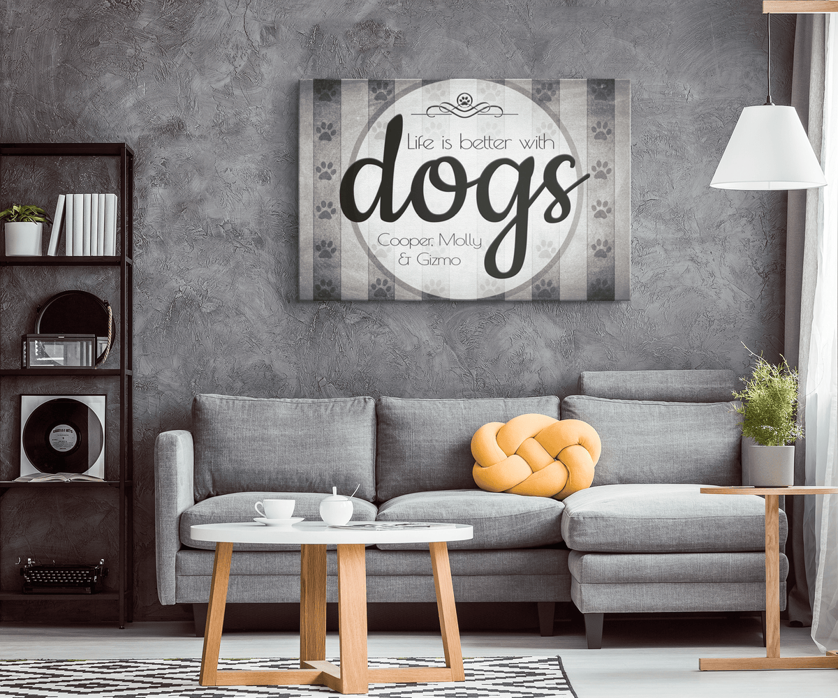 Personalized Life Is Better With Dogs Gray Circle Canvas Wall Art – Pet Lover Gift