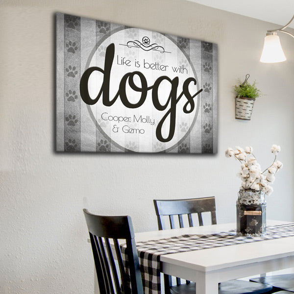 Personalized Life Is Better With Dogs Gray Circle Canvas Wall Art – Pet Lover Gift