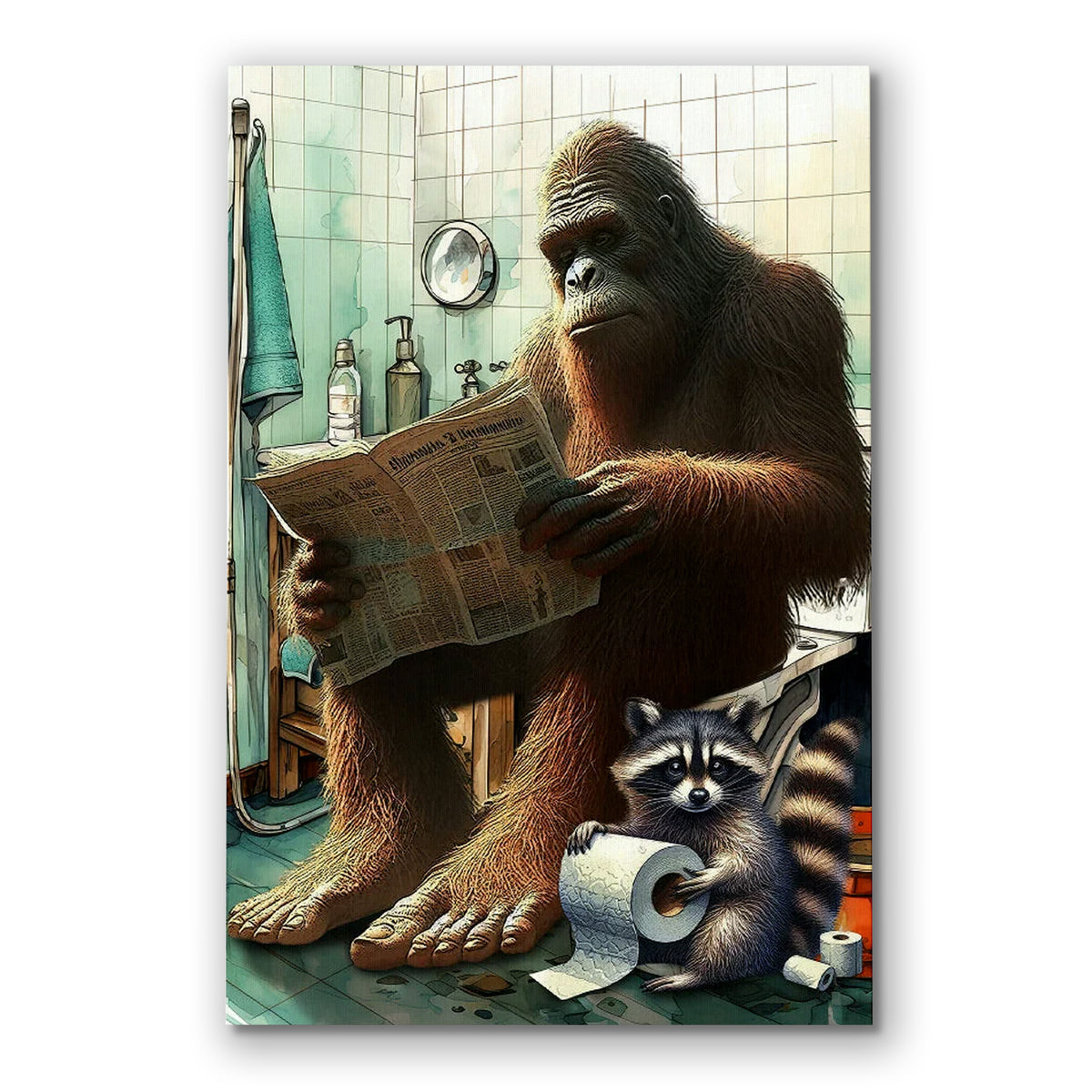 Funny Gorilla Reading Newspaper On Toilet Canvas – Bathroom Wall Art