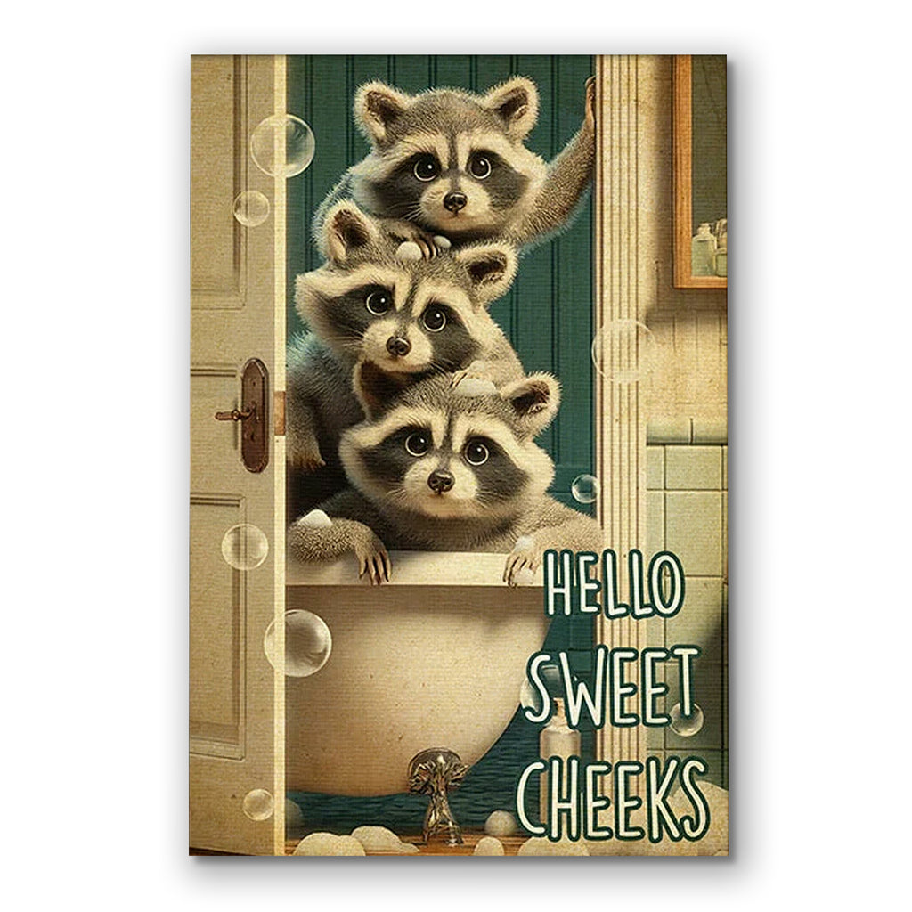 Three Raccoons Hello Sweet Cheeks Canvas – Funny Bathroom Wall Art